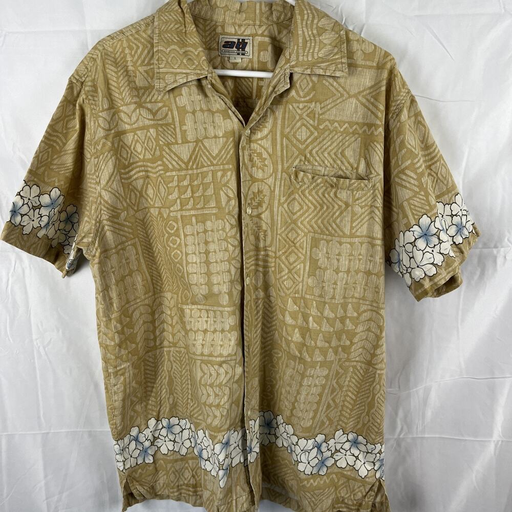Address Unknown Shirt Mens Large Tan Floral Leaf Button Up Hawaiian